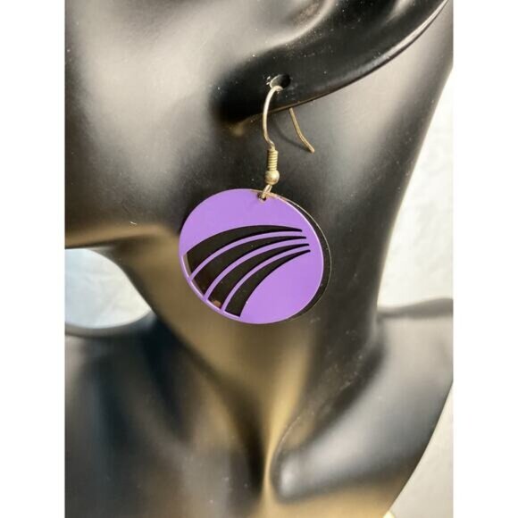 Purple & Black Circular Metal Dangle Earrings - Picture 4 of 5